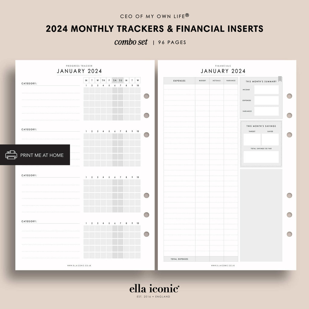 A5 2024 Planner Inserts | Habits Trackers & Financial Planning