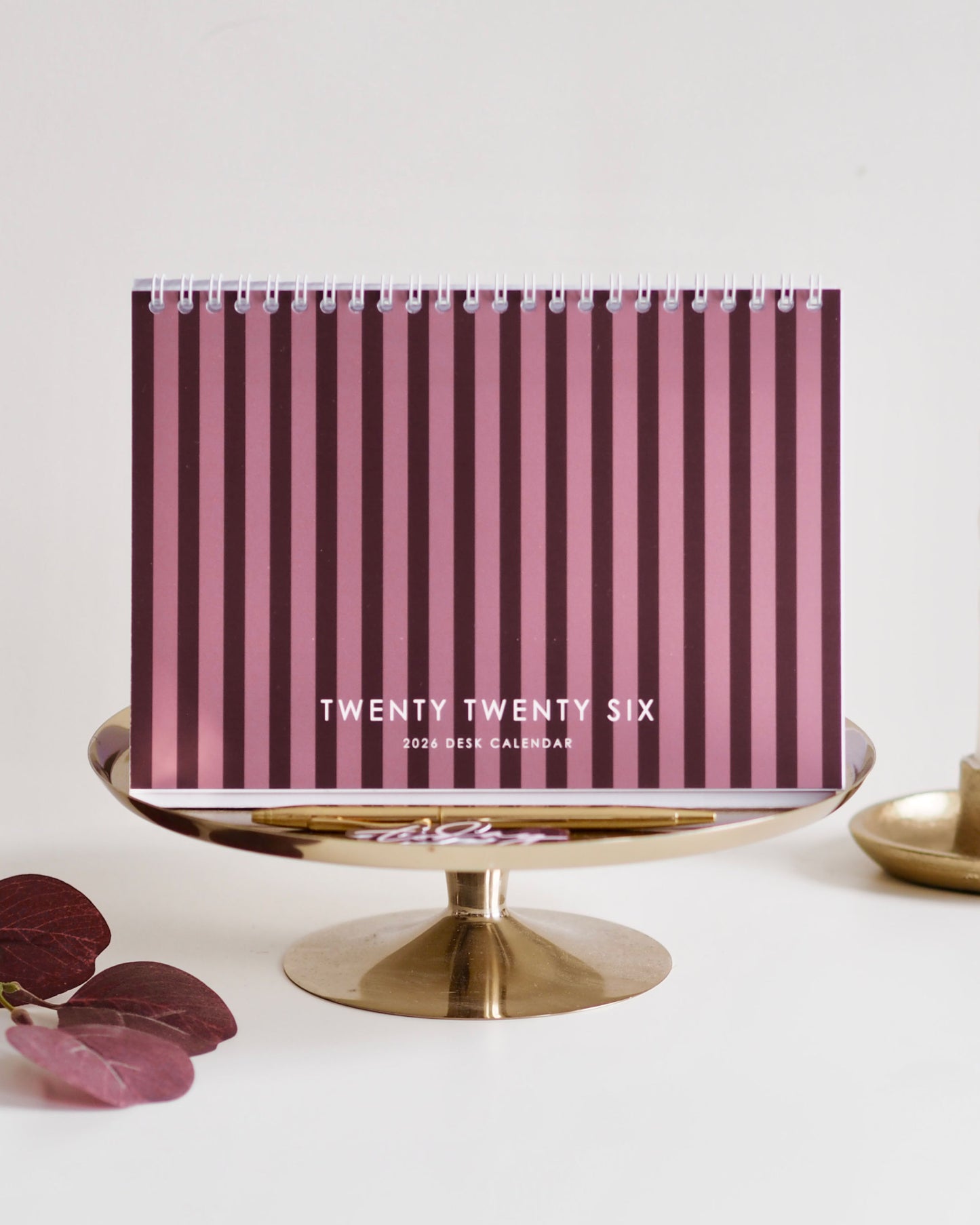 2026 A5 Monthly Desk Calendar For Home or Office • Striped Burgundy
