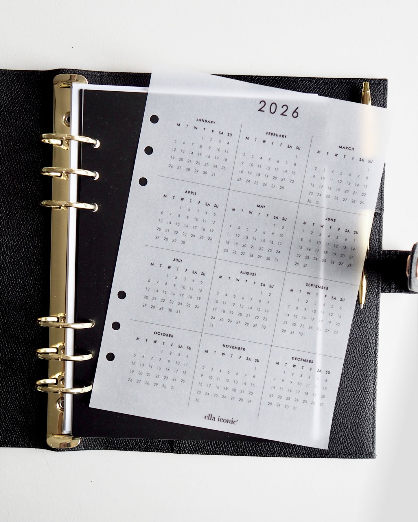 2026 Calendar - A5 Vellum Planner Dashboard For A5 6-Ring Binders, Filofax, Large GM LV Agendas - ella iconic UK