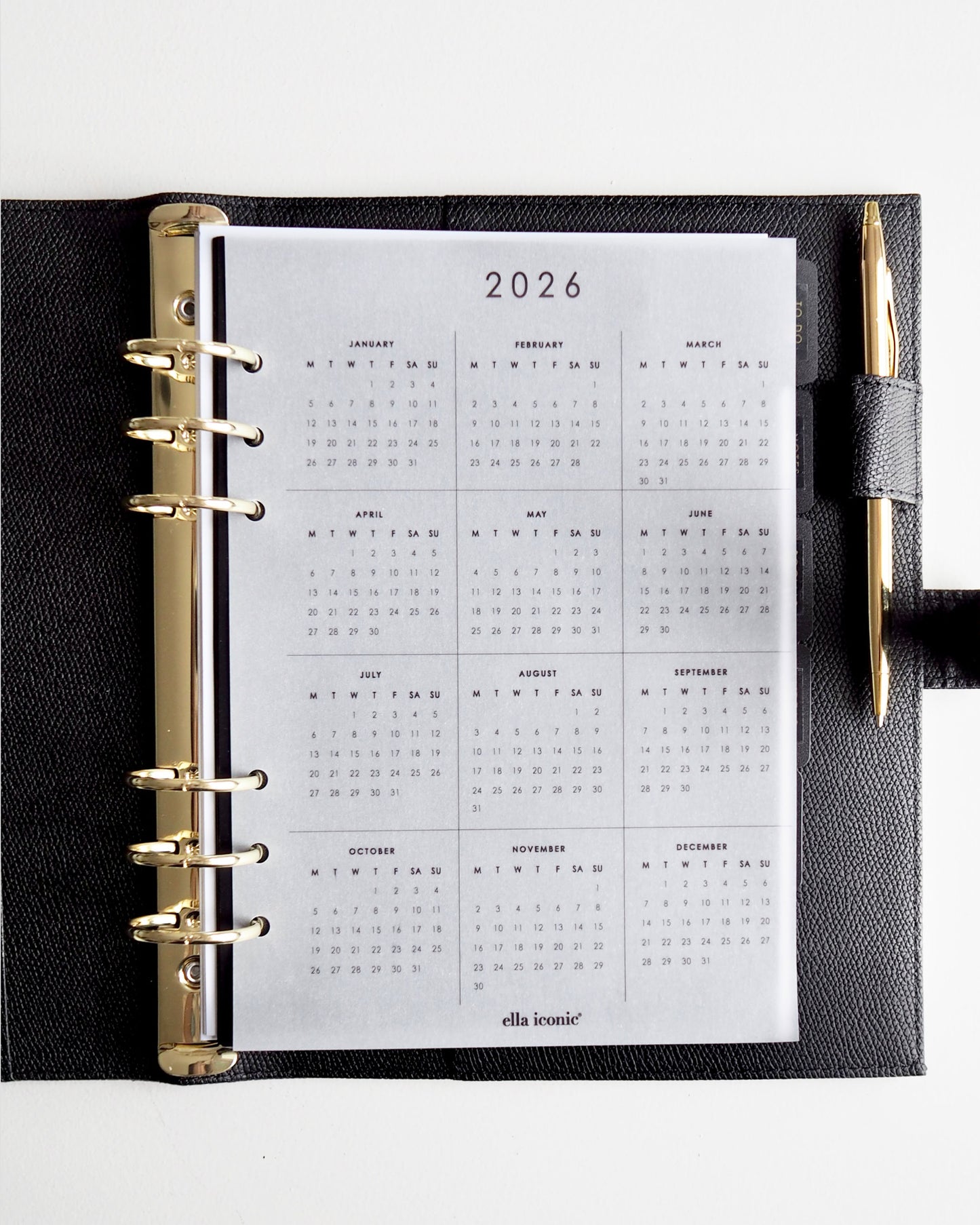 2026 Calendar - A5 Vellum Planner Dashboard For A5 6-Ring Binders, Filofax, Large GM LV Agendas - ella iconic UK