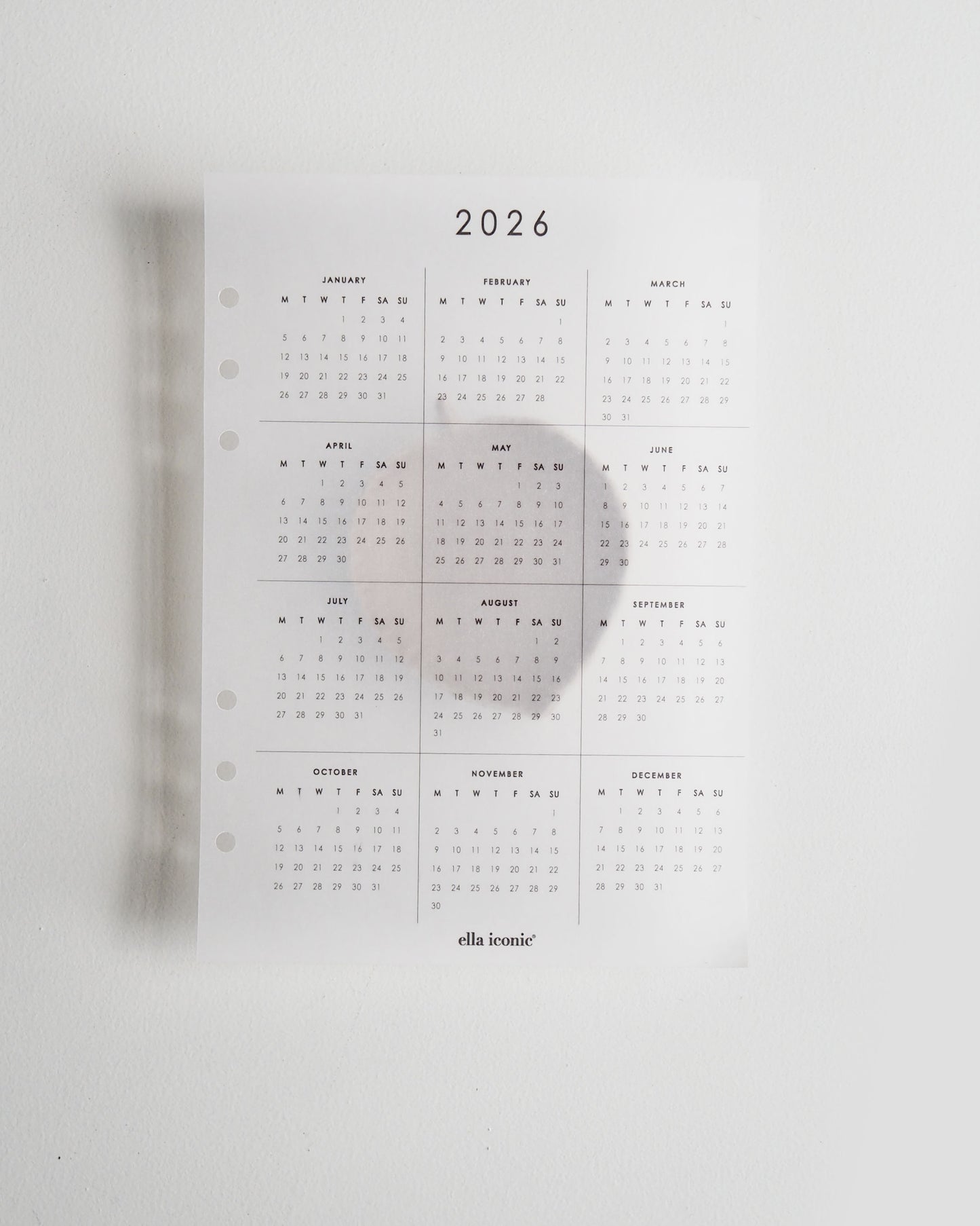 2026 Calendar - A5 Vellum Planner Dashboard For A5 6-Ring Binders, Filofax, Large GM LV Agendas - ella iconic UK