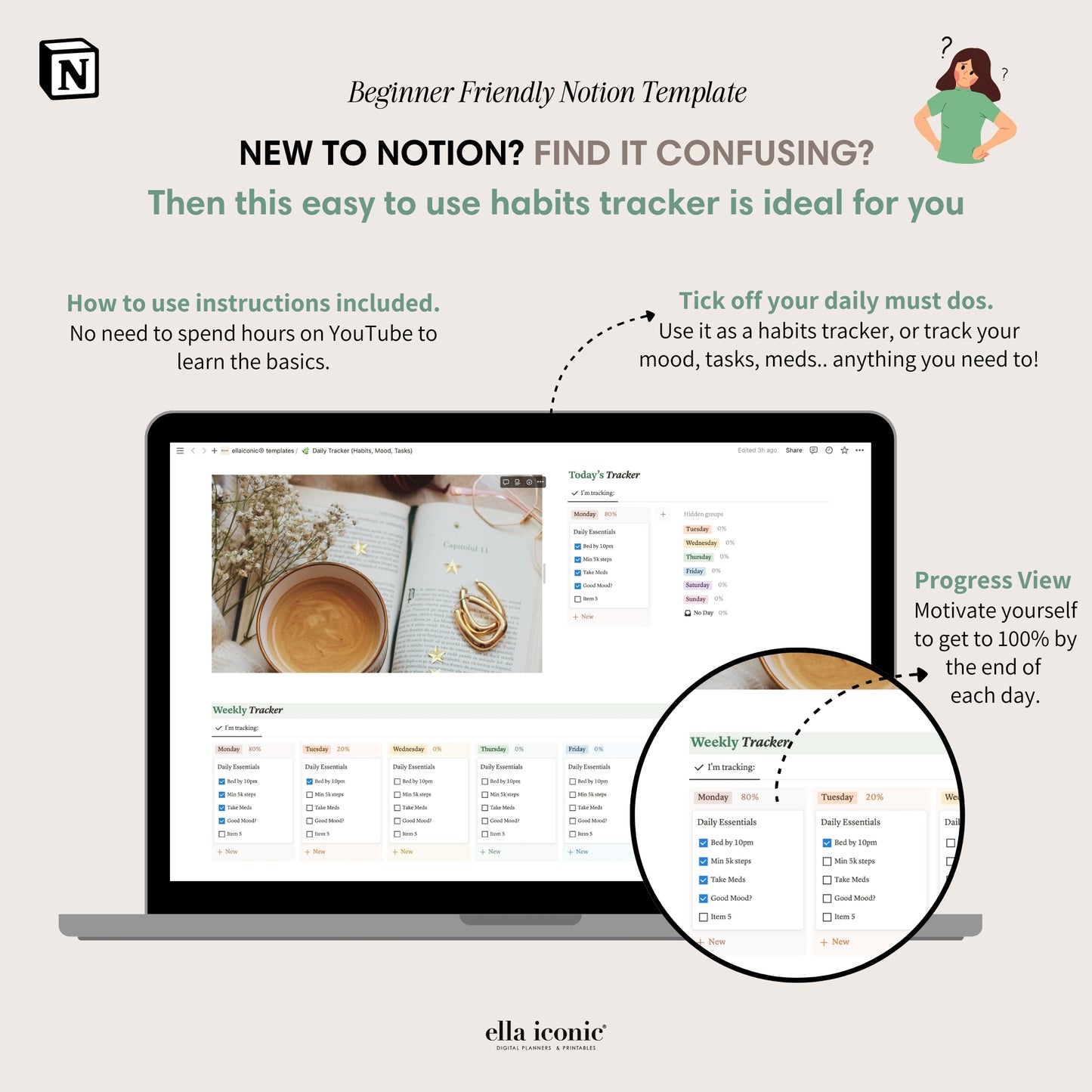 Habits Tracker Notion Dashboard, Beginner Friendly Notion Template, Mood Tracker, Medicine Tracker, Tasks Tracker