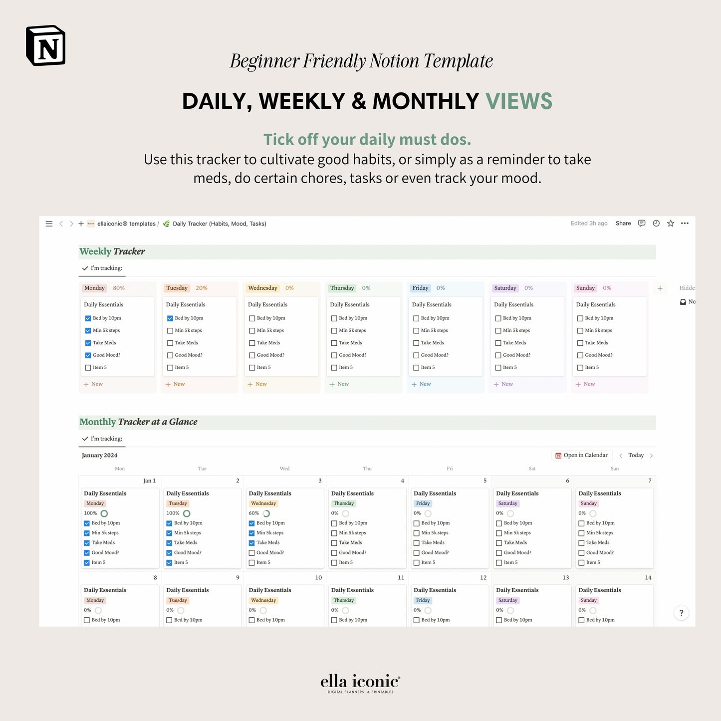 Habits Tracker Notion Dashboard, Beginner Friendly Notion Template, Mood Tracker, Medicine Tracker, Tasks Tracker