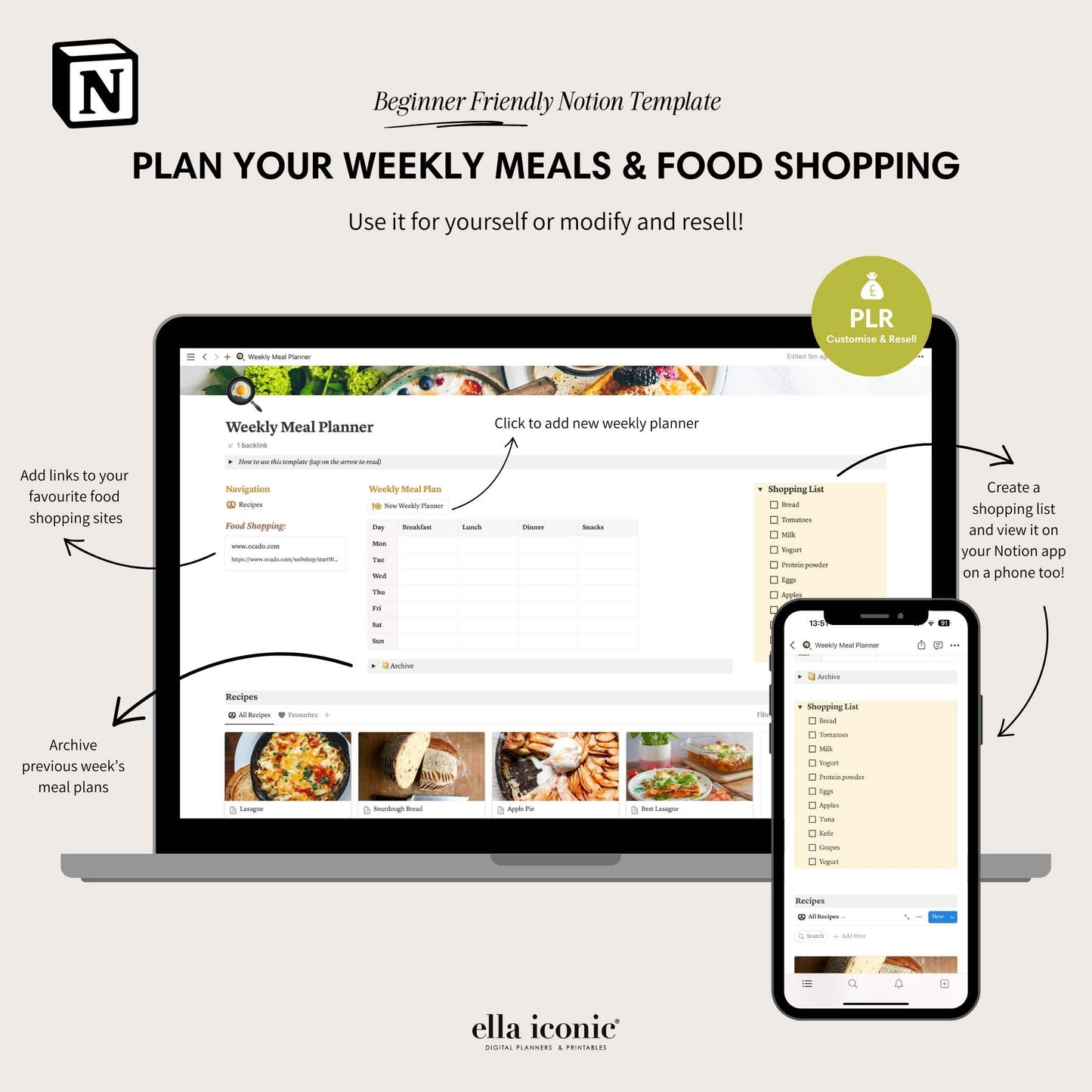PRL Notion Weekly Meal Planner and Recipe Template for Beginners - ellaiconic®