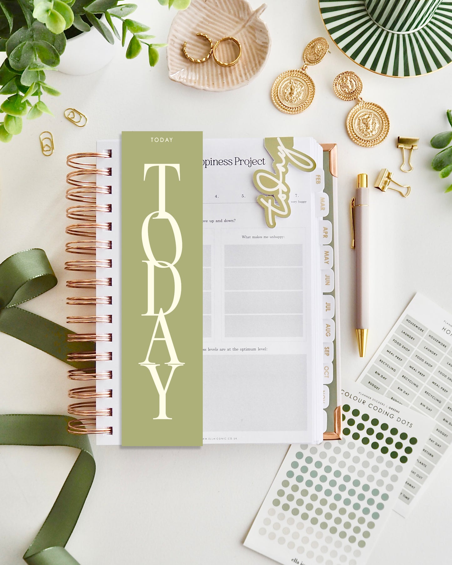Olive green double sided planner page marker / bookmark for A5 planners and diaries - ella iconic® UK
