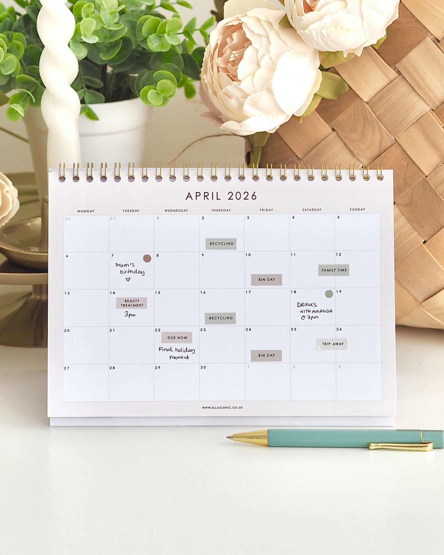 2026 A5 Monthly Desk Calendar For Home or Office • Striped Burgundy