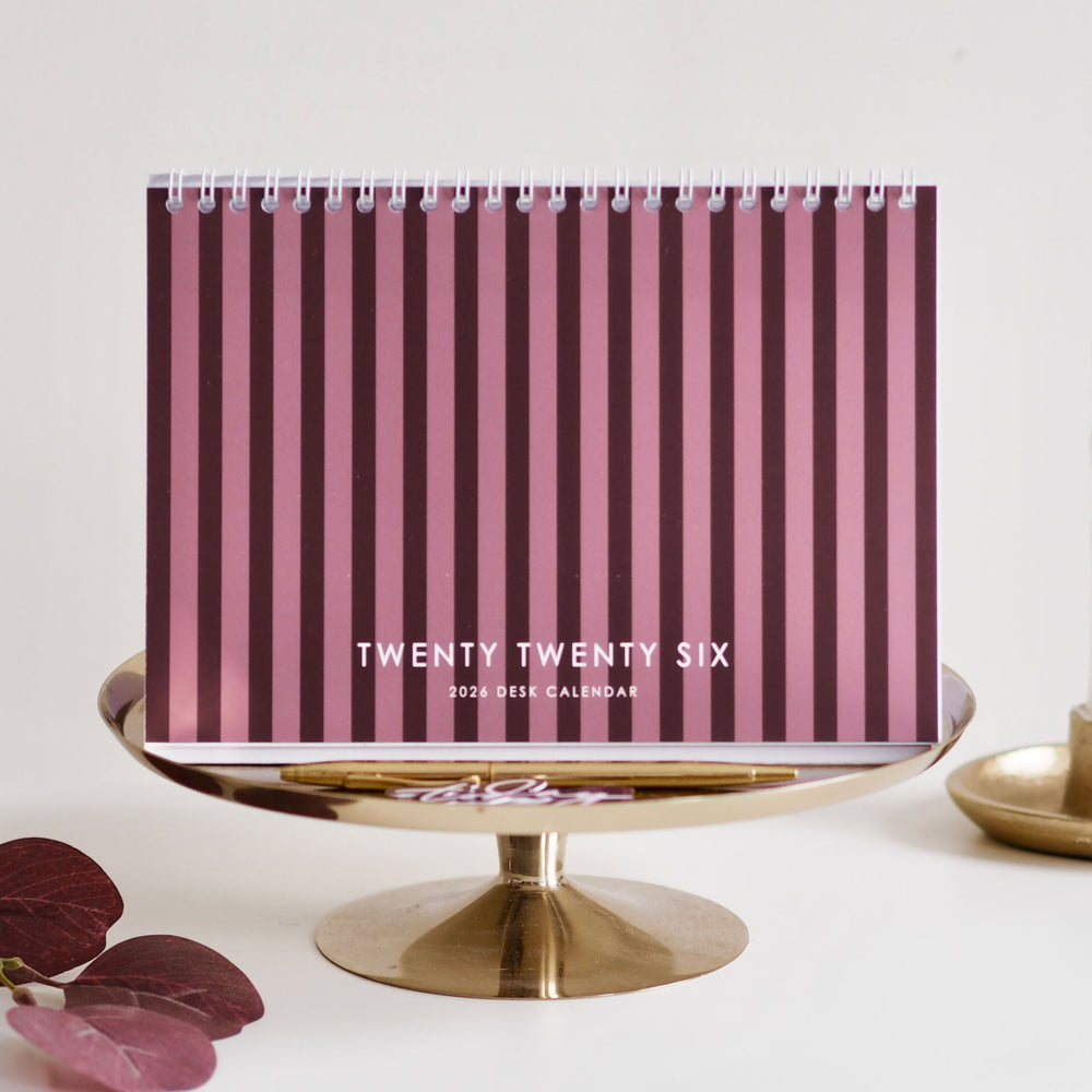 2026 A5 Monthly Desk Calendar For Home or Office • Striped Burgundy