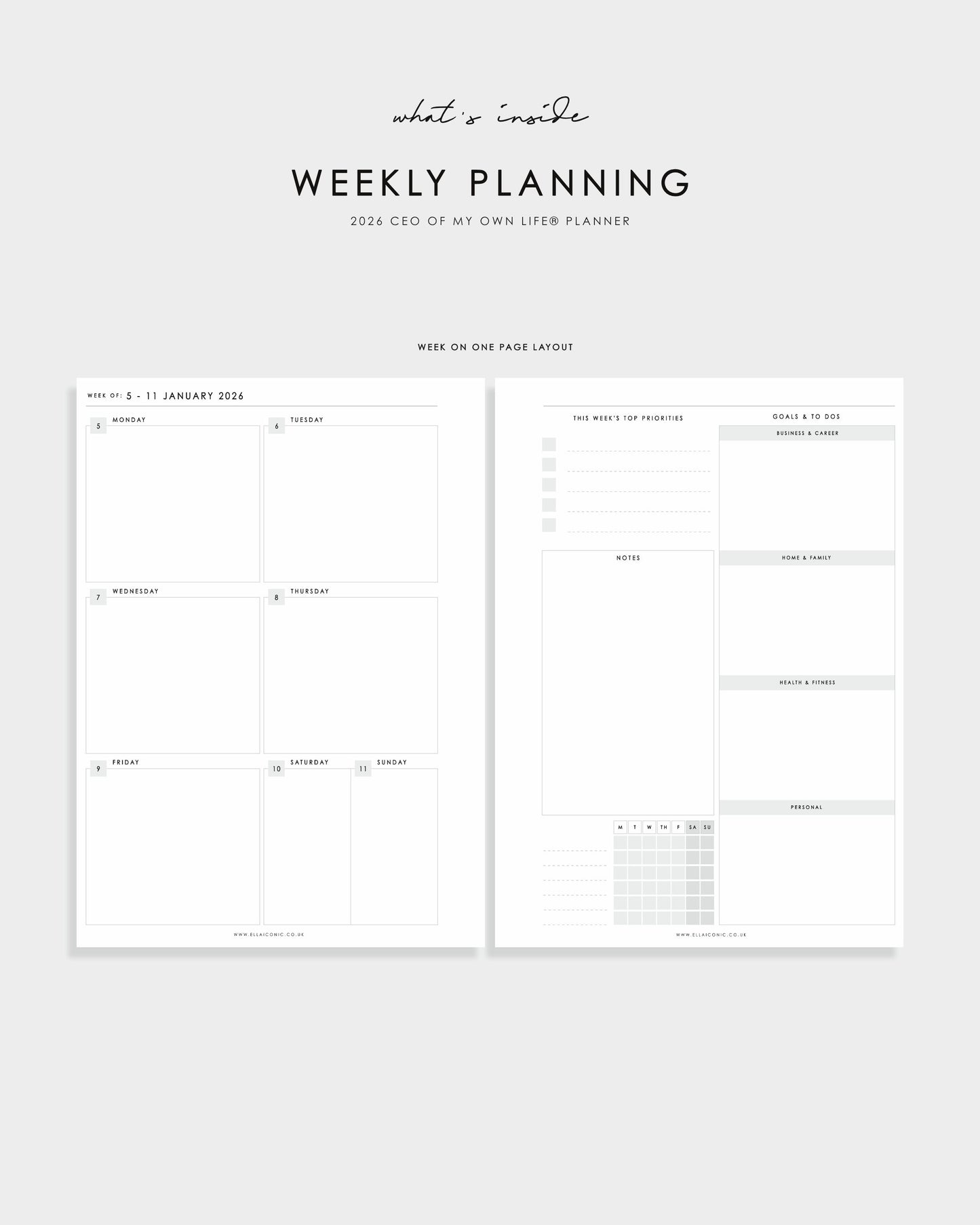 A5 2026 Weekly Life Planner Inserts - 2026 Weekly CEO of My Own Life® Planner• Week on One Page - ella iconic®
