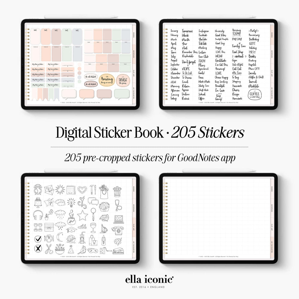 
                  
                    Digital Stickers Book for digital planners in GoodNotes App | Ella Iconic®
                  
                