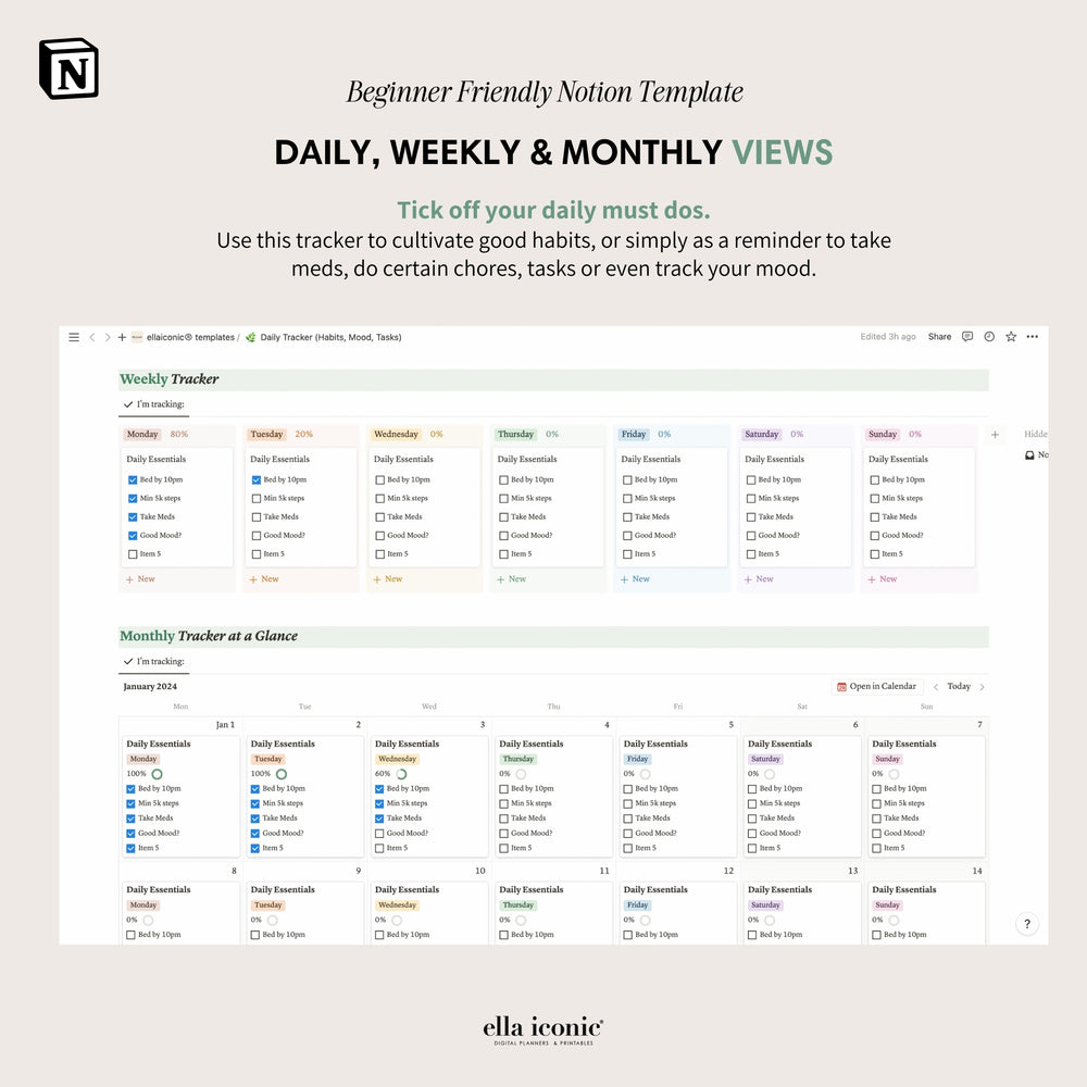 
                  
                    Habits Tracker Notion Dashboard, Beginner Friendly Notion Template, Mood Tracker, Medicine Tracker, Tasks Tracker
                  
                