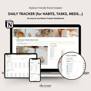 Habits Tracker Notion Dashboard, Beginner Friendly Notion Template, Mood Tracker, Medicine Tracker, Tasks Tracker