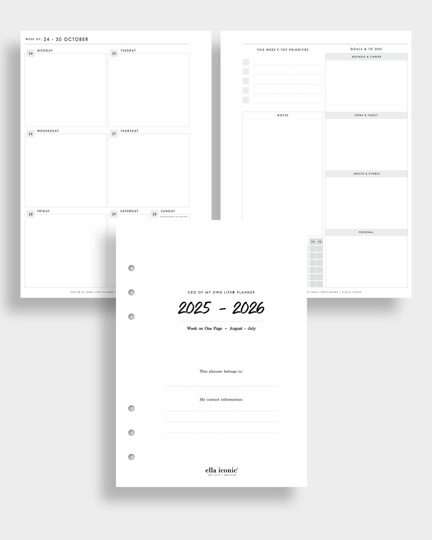 Mid Year 2025-2026 CEO of My Own Life Planner Organiser Inserts - A5 Binder - W1P - ella iconic