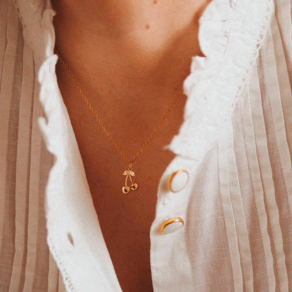 
                  
                    Mini Cherries Gold Plated Necklace - Delicate Dainty Cherry Gold Cherry Necklace - ella iconic® UK
                  
                