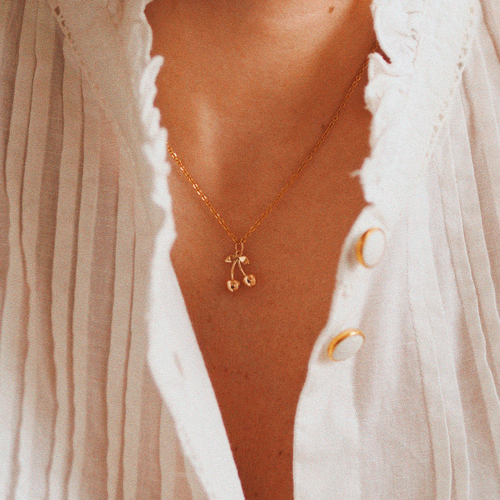 
                  
                    Mini Cherries Gold Plated Necklace - Delicate Dainty Cherry Gold Cherry Necklace - ella iconic® UK
                  
                