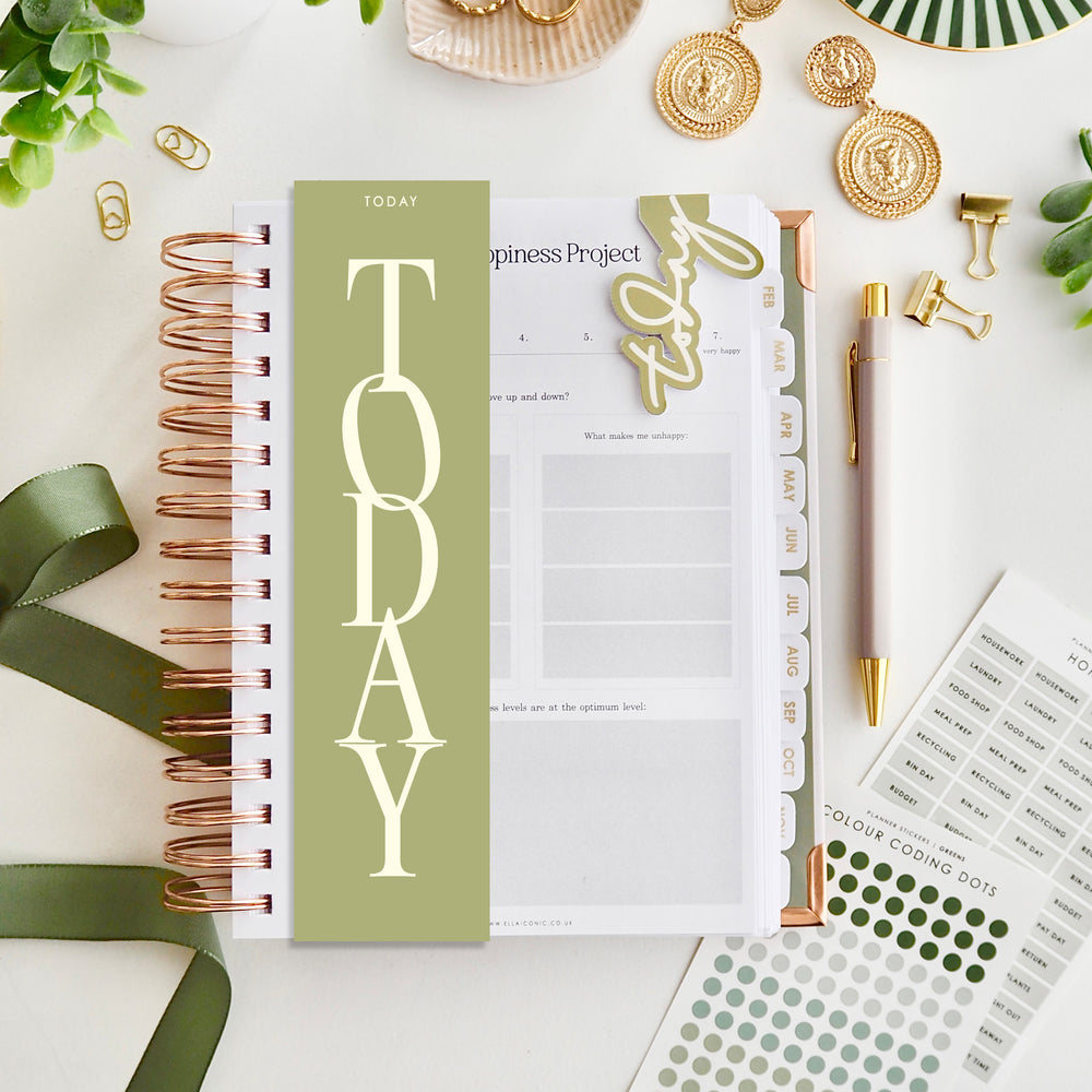 Olive green double sided planner page marker / bookmark for A5 planners and diaries - ella iconic® UK