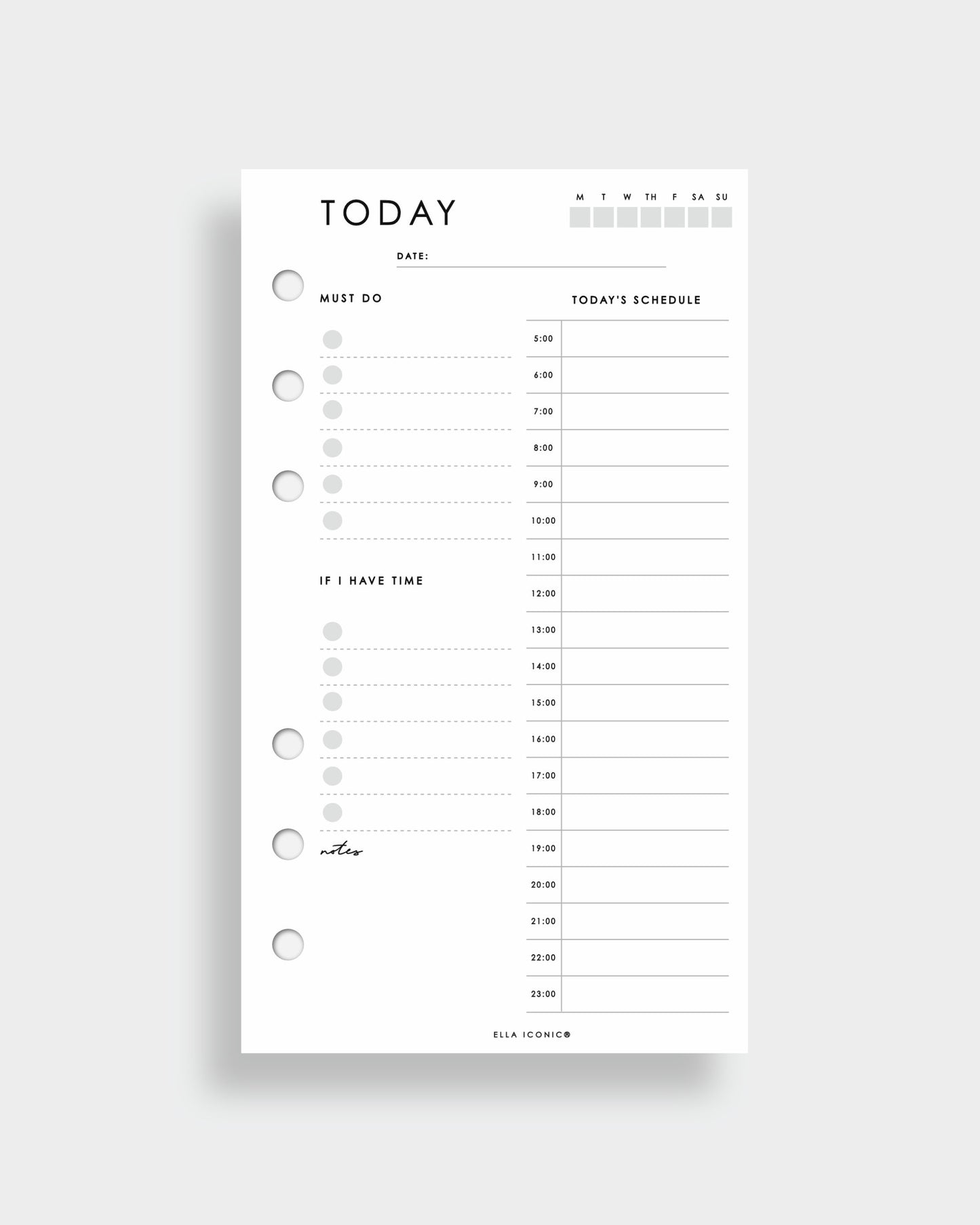 Undated 'Today' Daily To List + Hourly Schedule  Personal Planner Inserts - ella iconic® UK