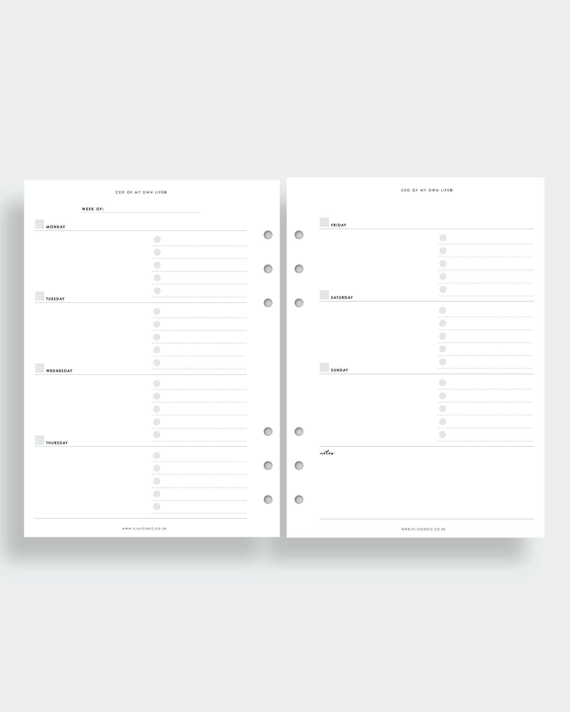 A5 Weekly Life Planner Inserts Set • Week on Two Pages | Horizontal ...