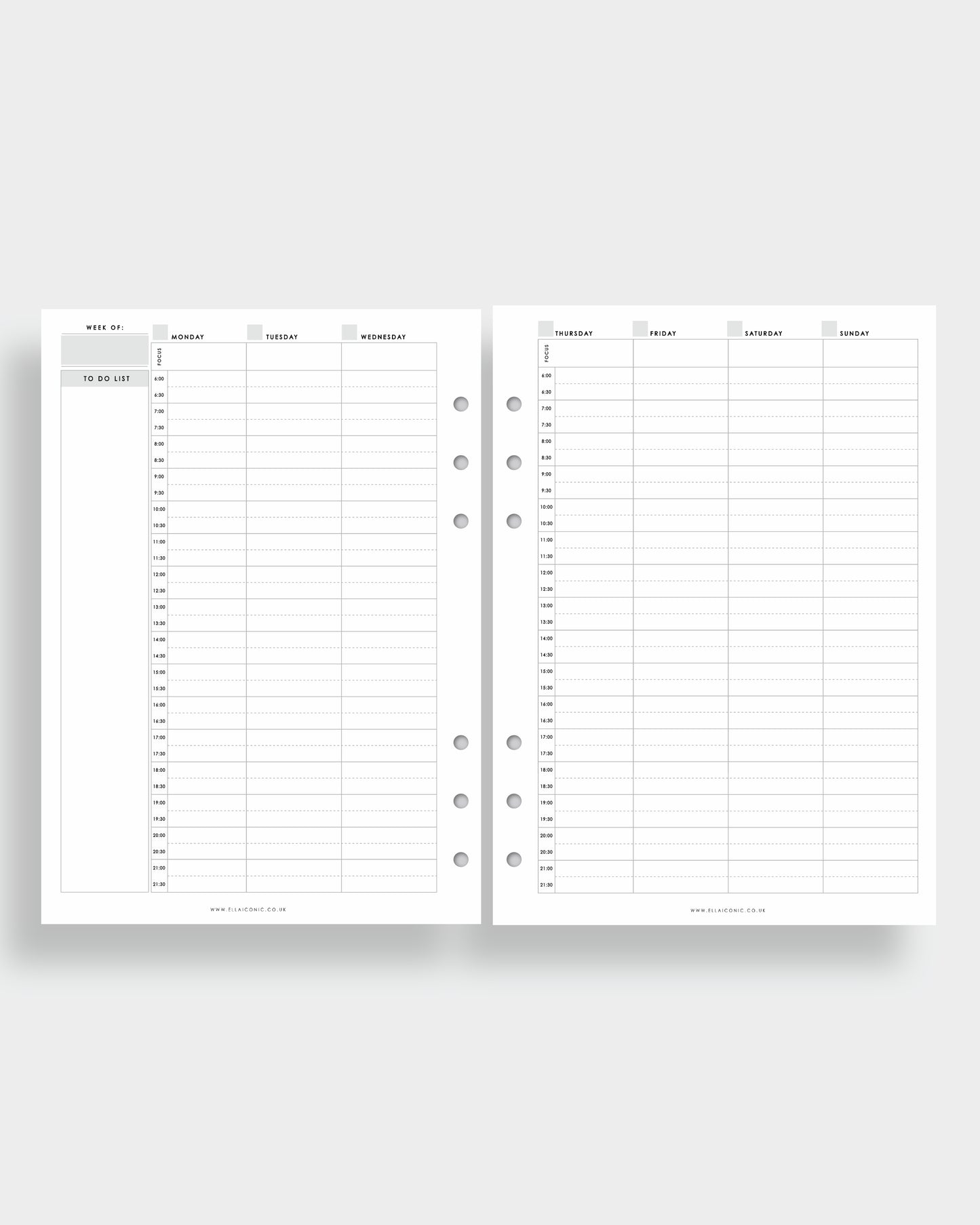 A5 Undated Weekly Planner Inserts • Week on Two Pages | Vertical