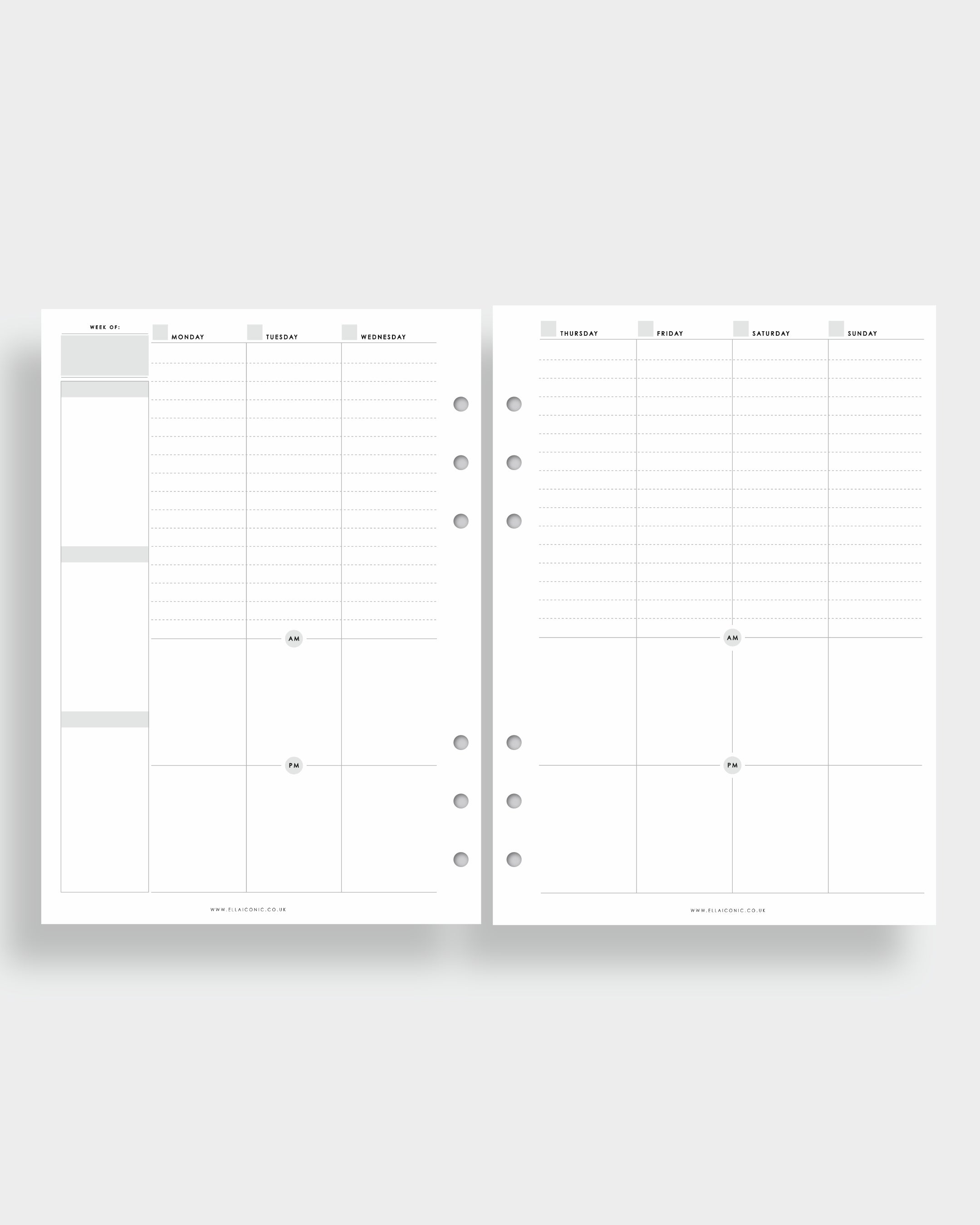 A5 Weekly Planner Inserts • Week on Two Pages | Vertical | AM/PM
