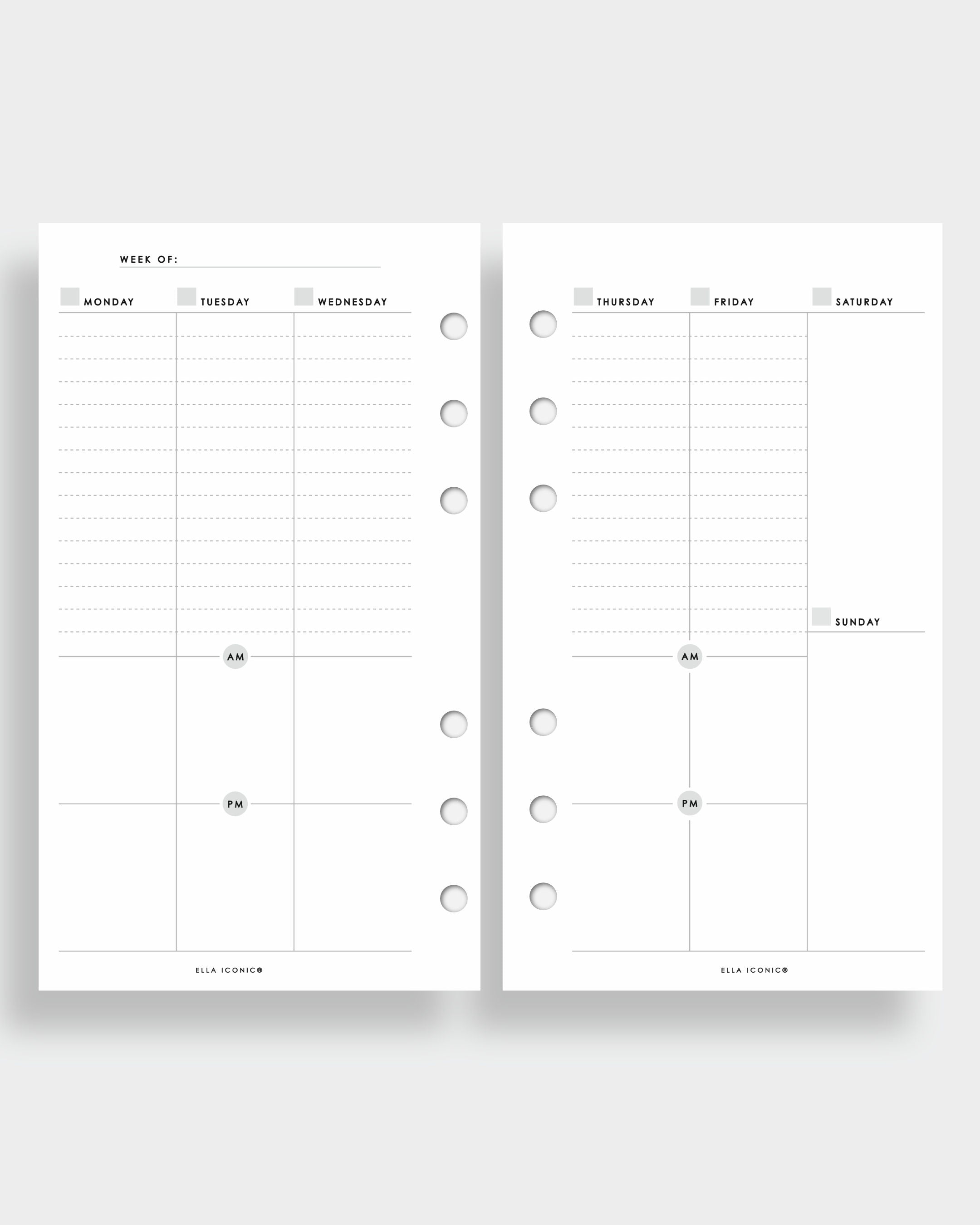 A5 Weekly Planner Inserts • Week on Two Pages | Vertical | AM/PM ...