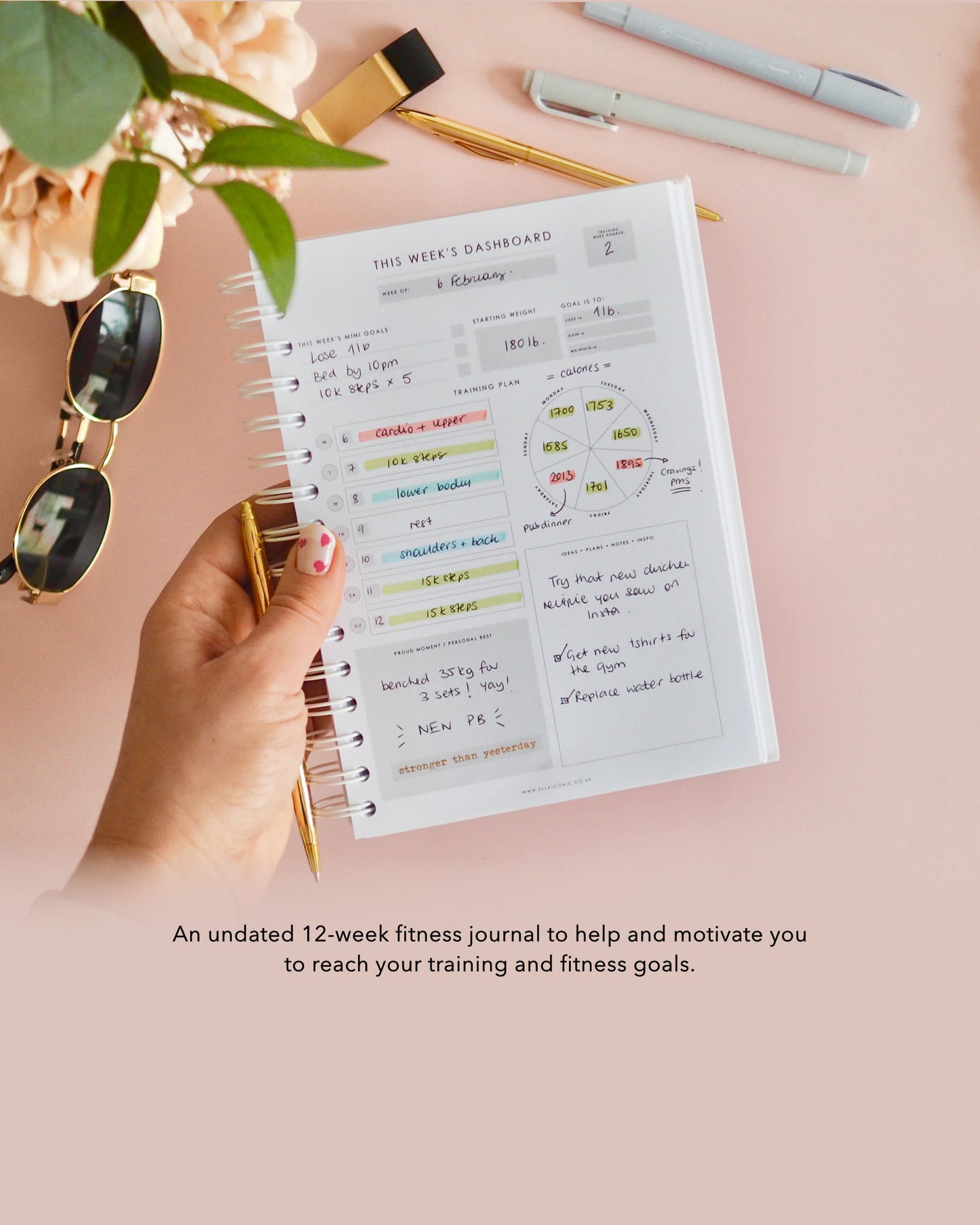12-Weeks Fitness & Workout Planner | Undated | Weekly Meal Planner | Workout Planner | Fitness Tracker | Weight Loss Tracker | 100 Workouts - ella iconic® UK