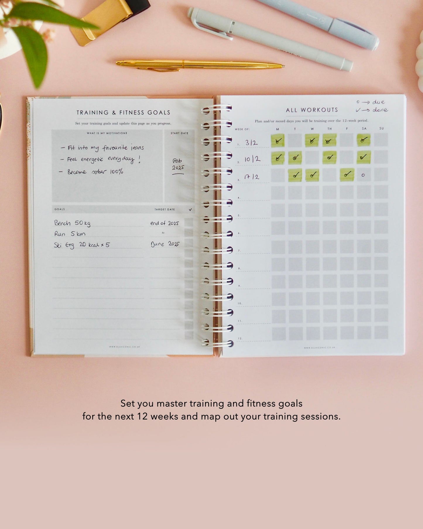 12-Weeks Fitness & Workout Planner | Undated | Weekly Meal Planner | Workout Planner | Fitness Tracker | Weight Loss Tracker | 100 Workouts - ella iconic® UK