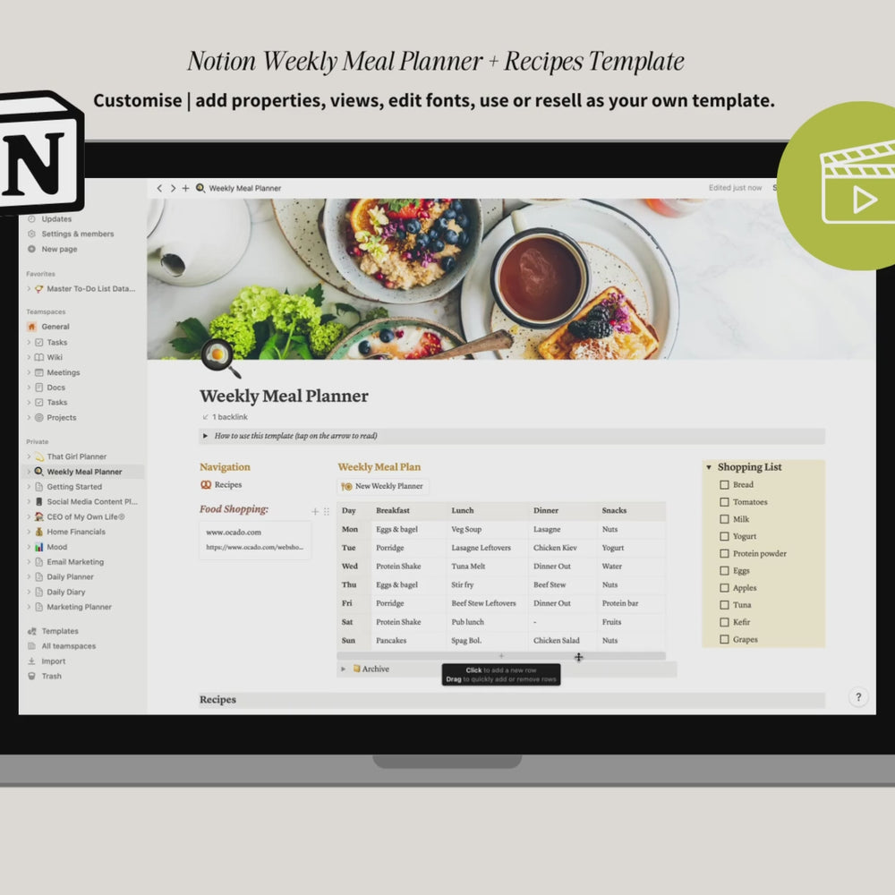 
                  
                    Load and play video in Gallery viewer, PRL Notion Weekly Meal Planner and Recipe Template for Beginners - ellaiconic®
                  
                